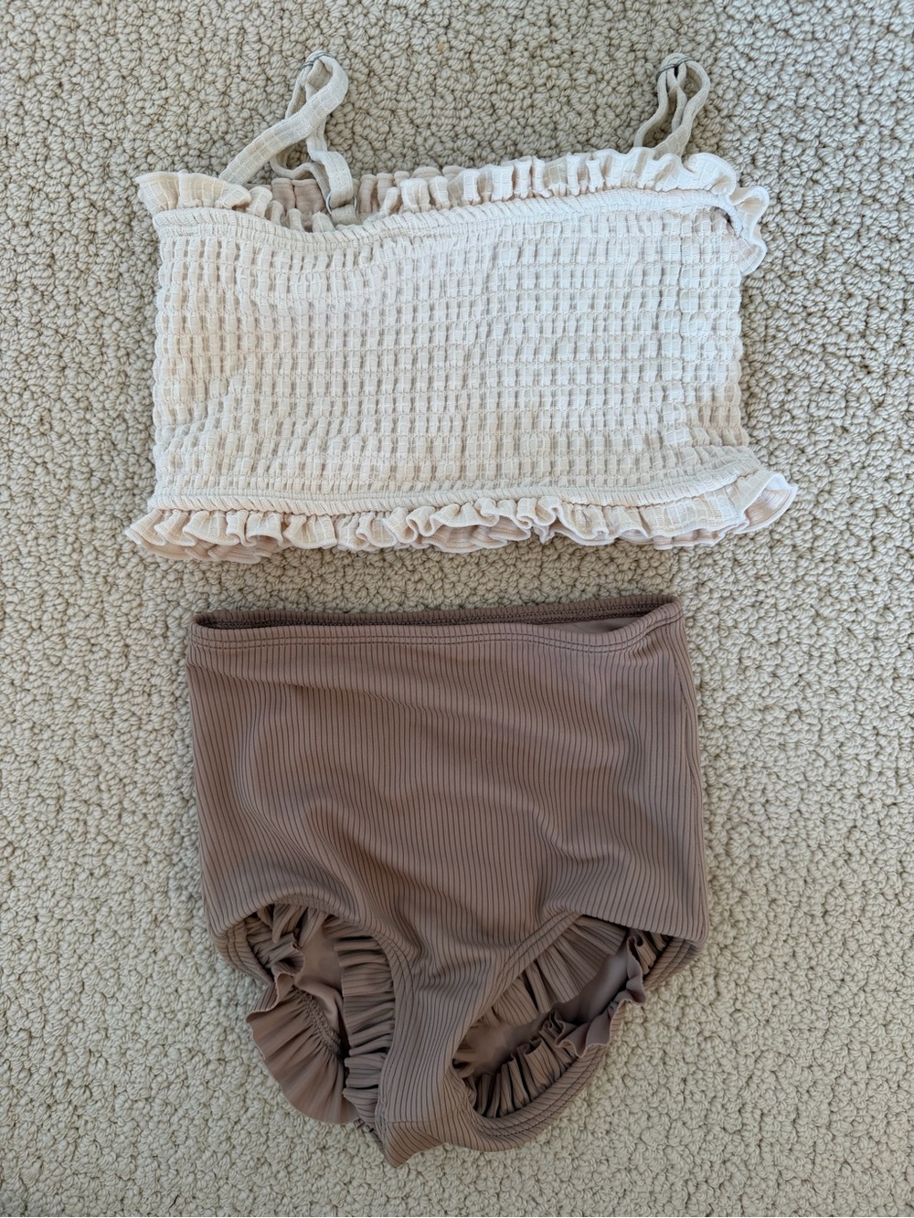 Kortni Jeane Mini Ruffled Two-Piece Swim Set in Cream & Taupe